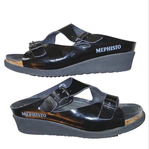 MEPHISTO Elka Black Patent Leather Slide Sandals Women's size 7.5-8 - Picture 1 of 13